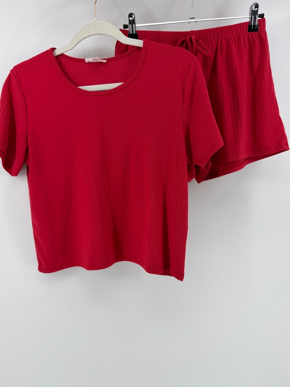 Capella Red Ribbed Pajama Loungewear Top & Shorts Matching Set, Size Large